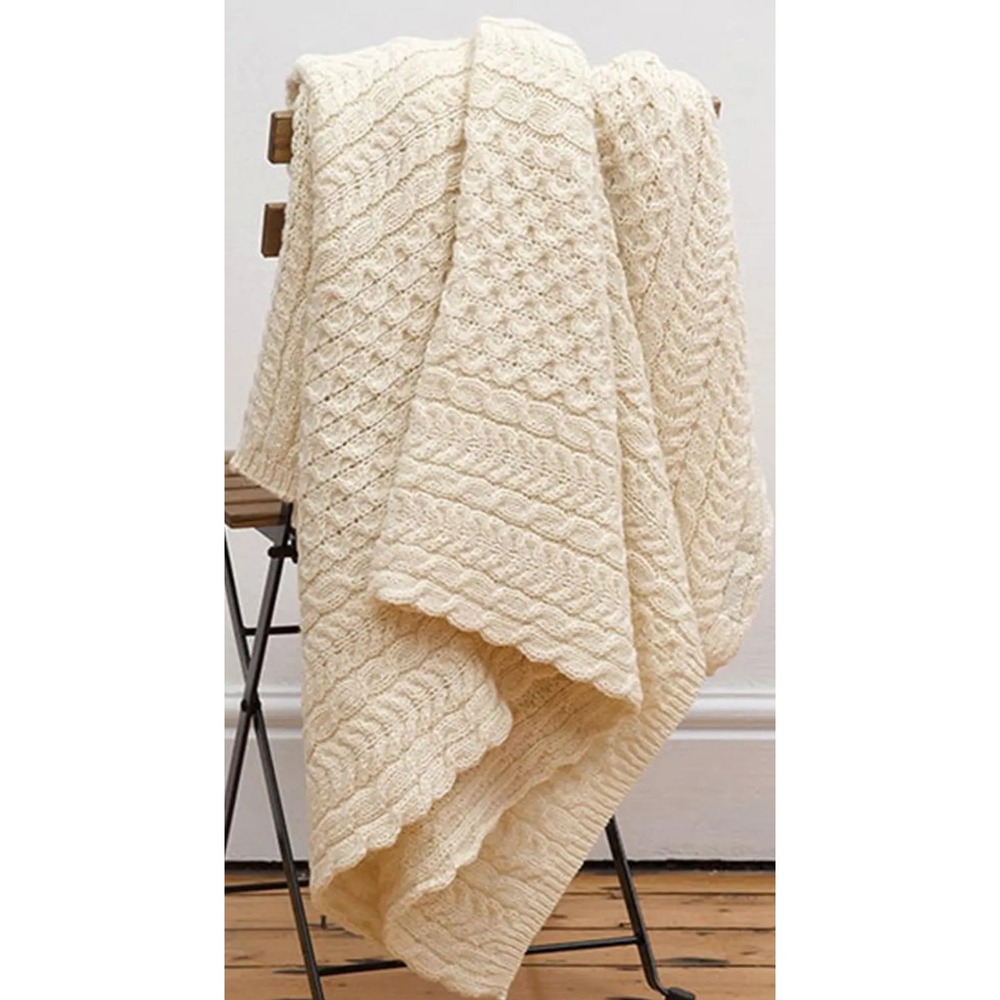 Aran Crafts 100% Wool Honeycomb Cream Throw Blanket Ireland 70"x53"